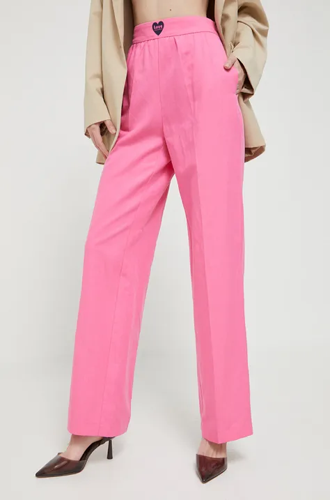 Παντελόνι με λινό μείγμα Love Moschino χρώμα: ροζ