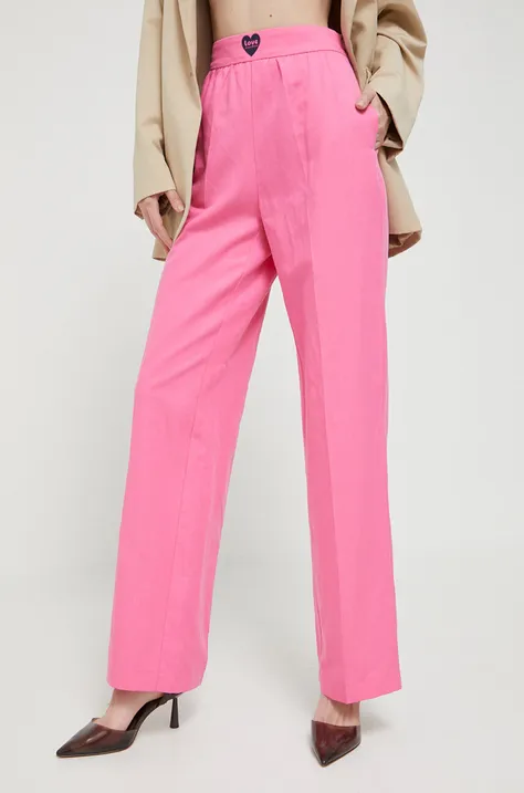 Love Moschino pantaloni din amestec de in culoarea roz, drept, high waist