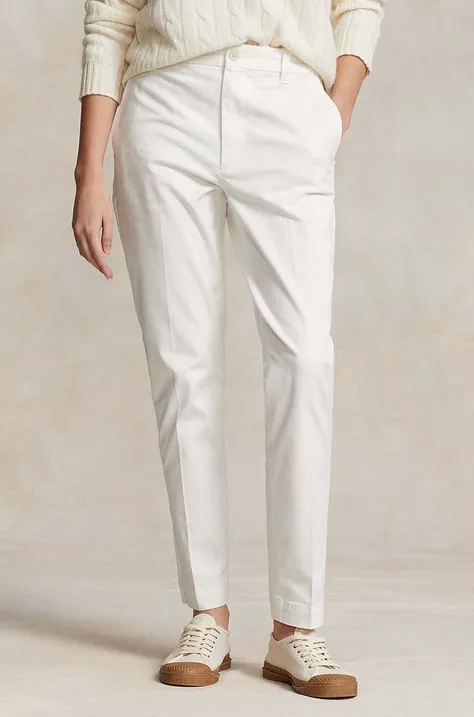 Kalhoty Polo Ralph Lauren dámské, béžová barva, jednoduché, high waist, 211890343