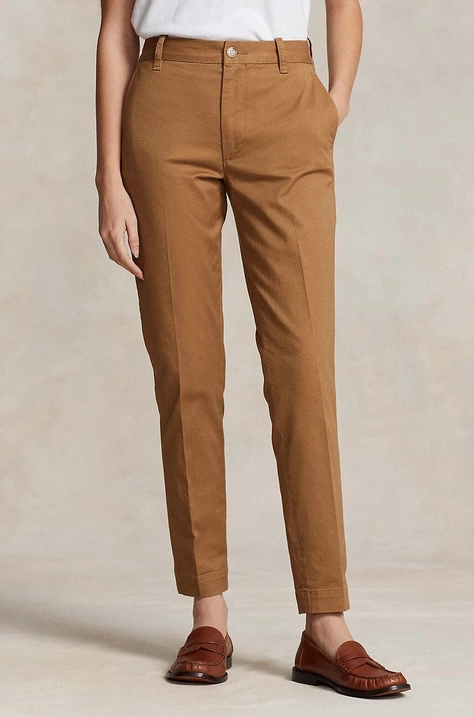 Polo Ralph Lauren pantaloni femei, culoarea bej, drept, high waist 211890343