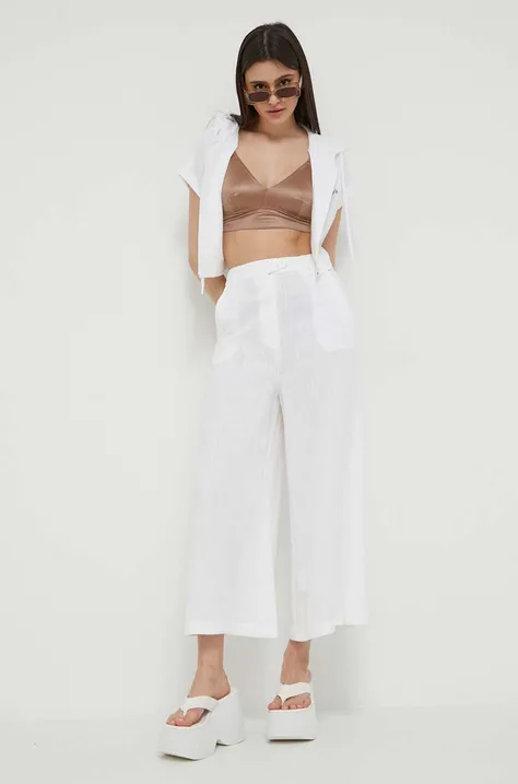 Love Moschino spodnie z domieszką lnu kolor biały szerokie high waist