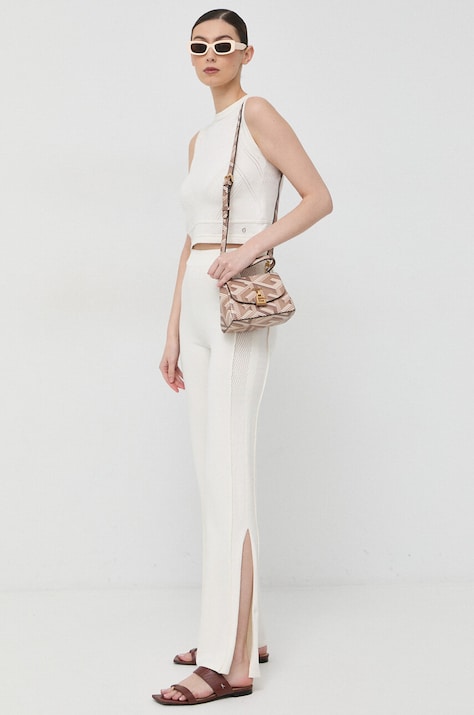 Guess pantaloni din amestec de mătase culoarea bej, drept, high waist