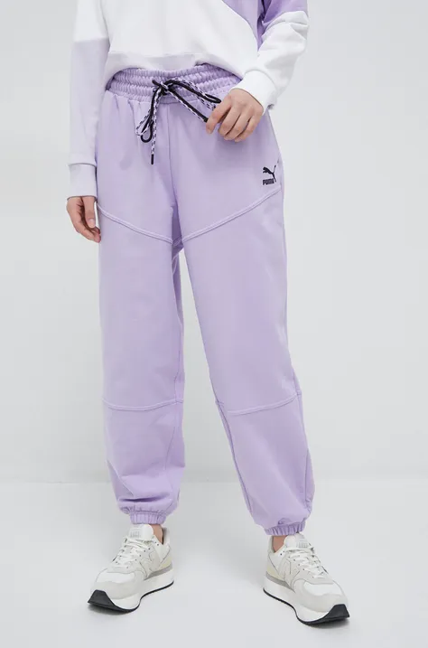 Puma spodnie dresowe bawełniane kolor fioletowy gładkie 538339-01