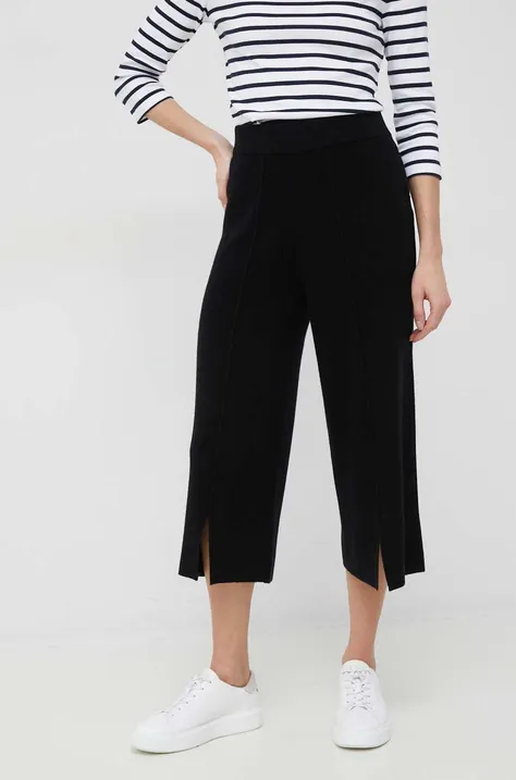 Vunene hlače Dkny za žene, boja: crna, široke, visoki struk