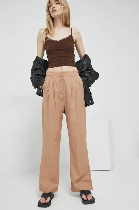 Abercrombie & Fitch spodnie lniane kolor beżowy szerokie high waist