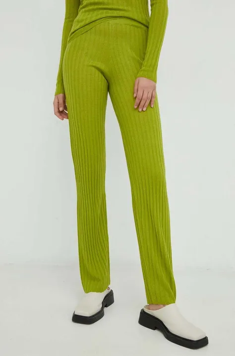 Résumé pantaloni de lana femei, culoarea verde, drept, high waist