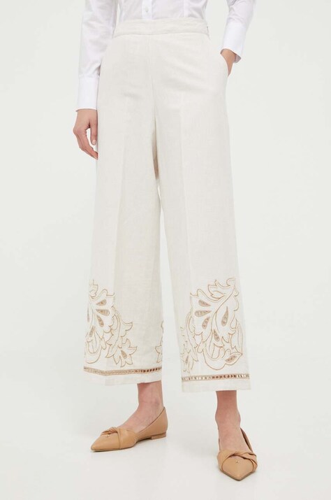 Twinset pantaloni din in culoarea bej, lat, high waist