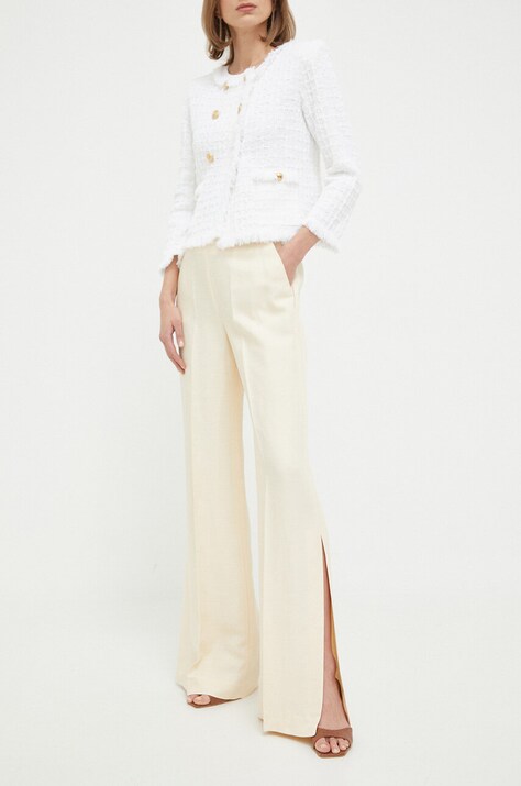 Twinset pantaloni din amestec de in culoarea bej, lat, high waist