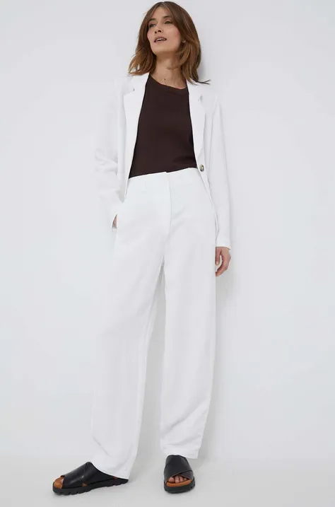 Emporio Armani spodnie z domieszką lnu kolor biały szerokie high waist