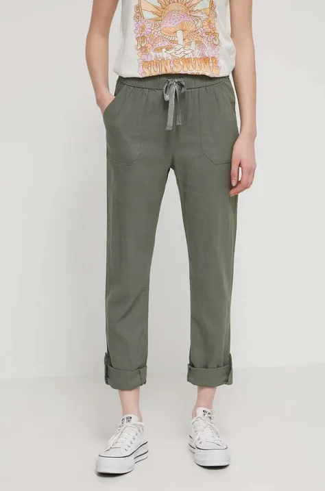 Lanene hlače Roxy lniane On the Seashore za žene, boja: zelena, ravni kroj, visoki struk