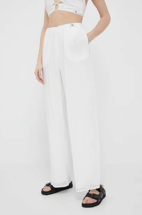 Calvin Klein Jeans spodnie damskie kolor biały szerokie high waist