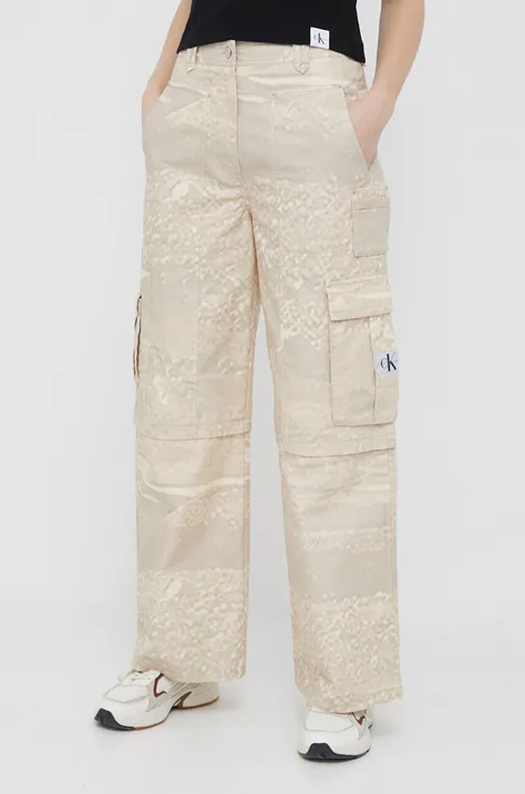 Calvin Klein Jeans spodnie bawełniane kolor beżowy szerokie high waist