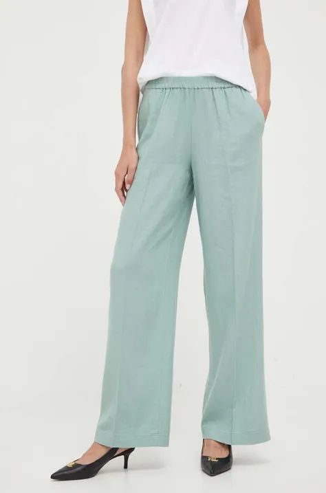 Sisley spodnie lniane kolor zielony szerokie high waist