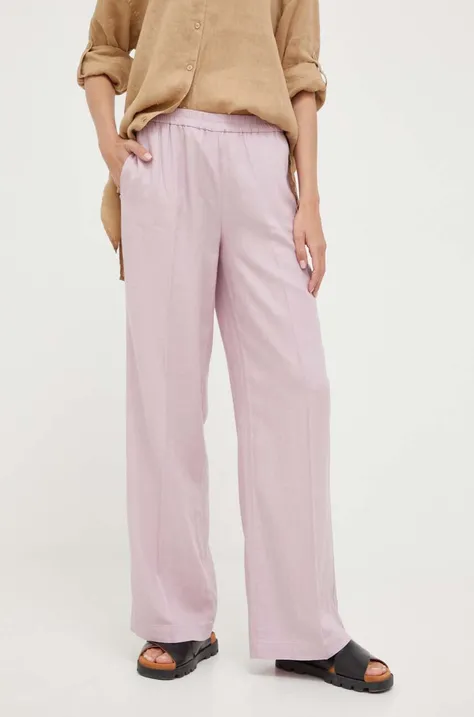 Sisley spodnie lniane kolor fioletowy szerokie high waist