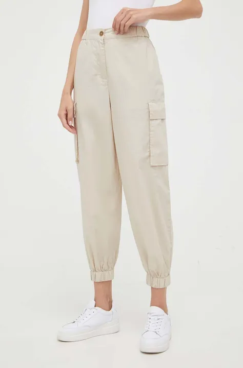 Sisley spodnie bawełniane kolor beżowy fason cargo high waist