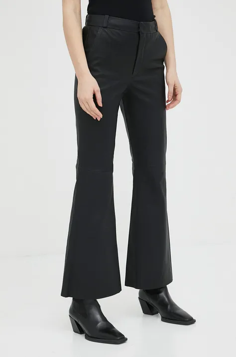 Kožené kalhoty By Malene Birger Evyn dámské, černá barva, zvony, high waist
