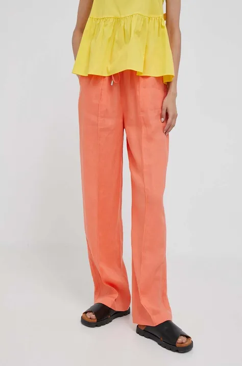 Ľanové nohavice United Colors of Benetton oranžová farba, široké, vysoký pás