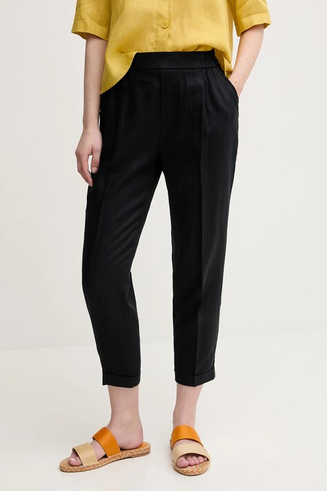 Льняные брюки United Colors of Benetton цвет чёрный прямое высокая посадка