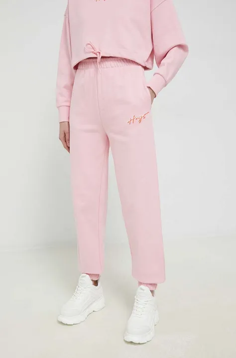 Памучен спортен панталон HUGO в розово с принт