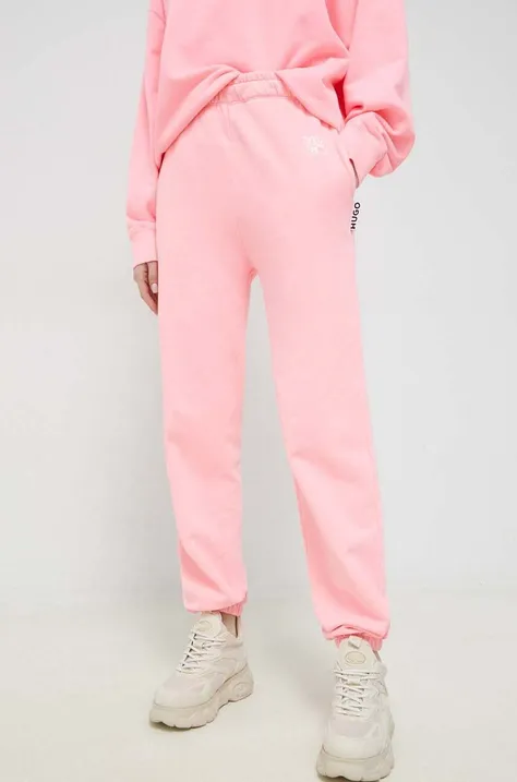HUGO spodnie dresowe bawełniane kolor różowy z nadrukiem