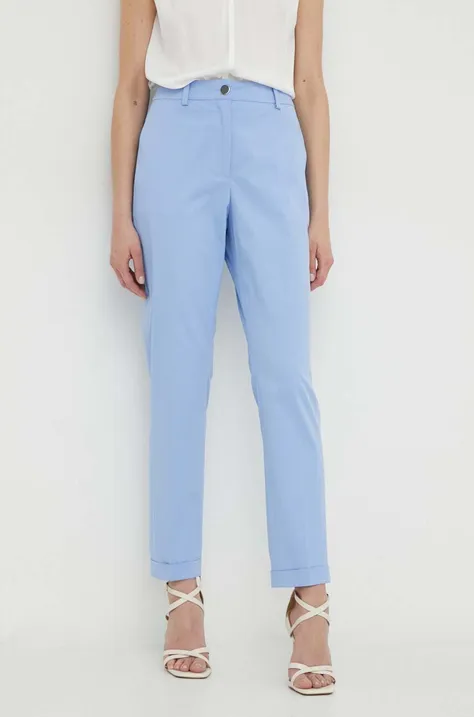 Kalhoty BOSS dámské, tyrkysová barva, jednoduché, high waist, 50490057
