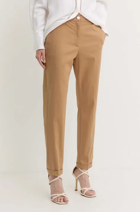 Kalhoty BOSS dámské, béžová barva, jednoduché, high waist, 50490057