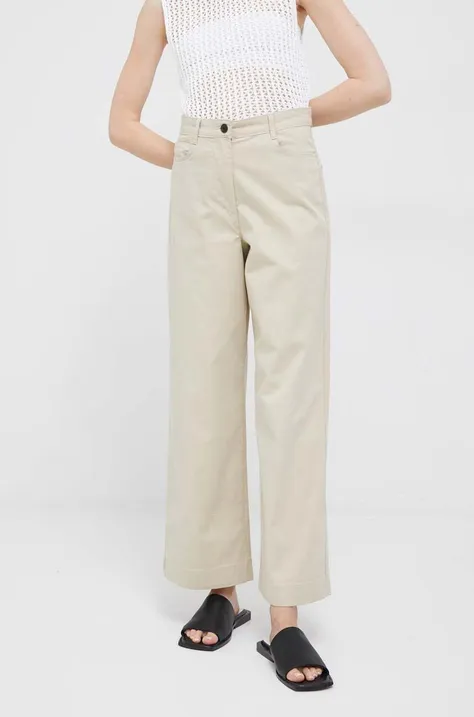Nohavice Tommy Hilfiger dámske, béžová farba, široké, vysoký pás