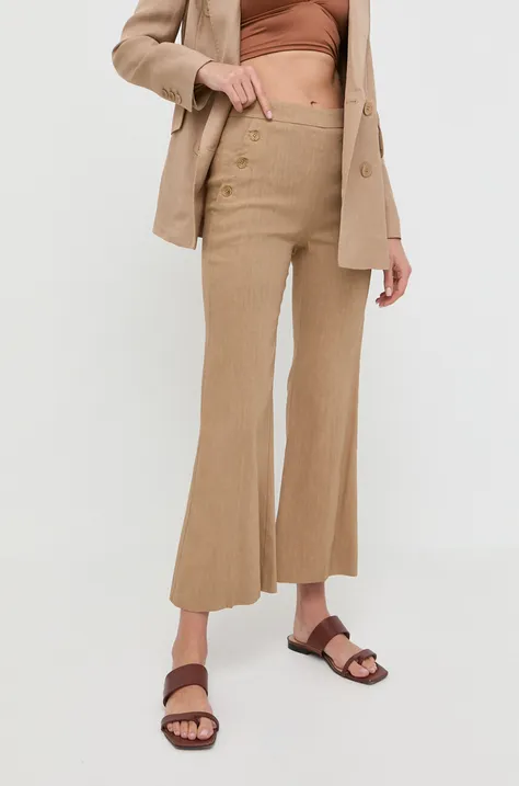 Marella spodnie lniane kolor beżowy dopasowane high waist