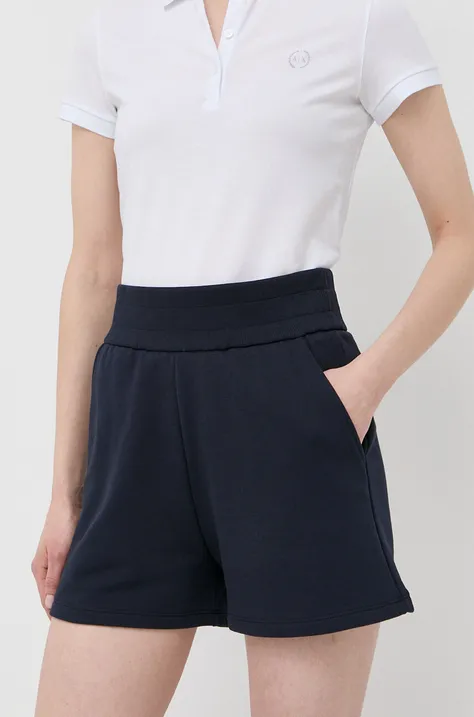 Kratke hlače Armani Exchange za žene, boja: tamno plava, glatki materijal, visoki struk