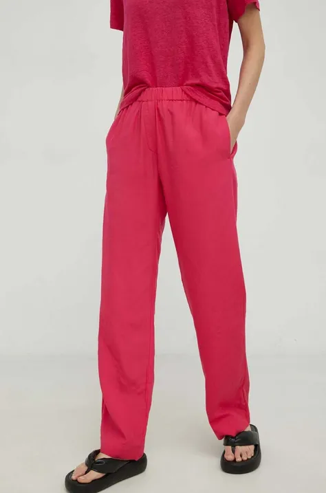 Samsoe Samsoe spodnie z domieszką lnu kolor różowy proste medium waist
