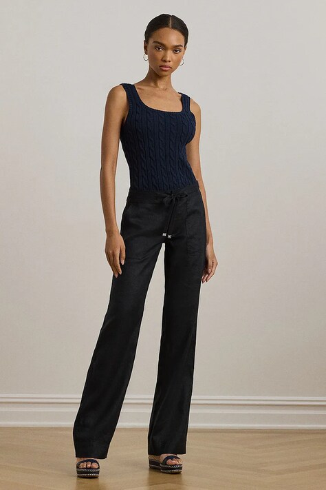 Lněné kalhoty Lauren Ralph Lauren černá barva, široké, medium waist