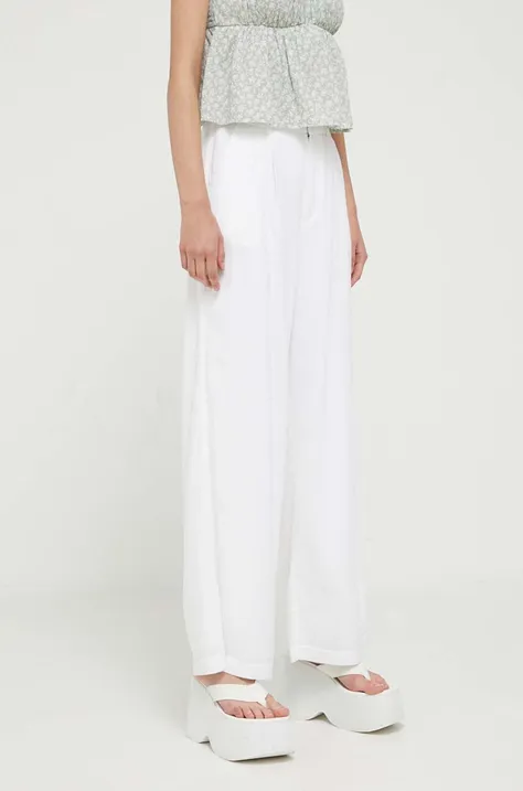 Hollister Co. spodnie z domieszką lnu kolor biały szerokie high waist
