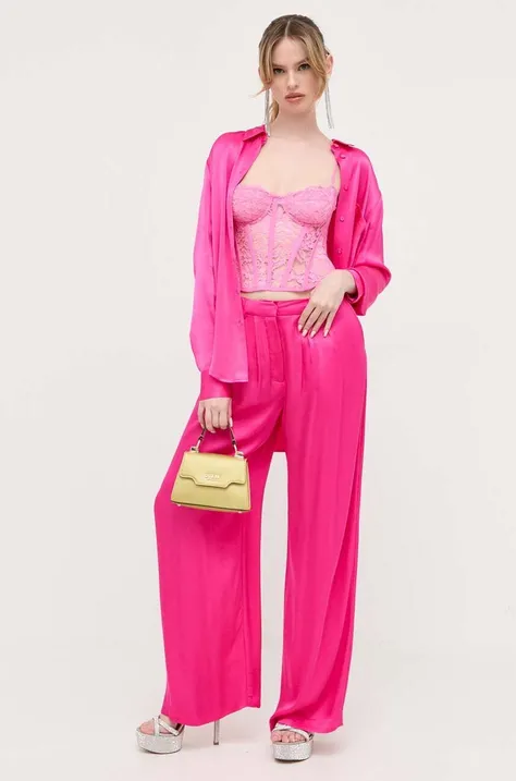 Bardot pantaloni femei, culoarea roz, lat, high waist