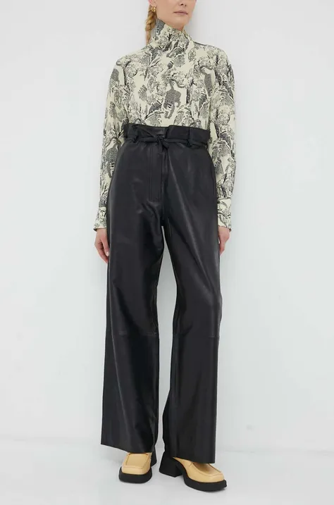 Кожаные брюки Day Birger et Mikkelsen женские цвет чёрный широкие высокая посадка