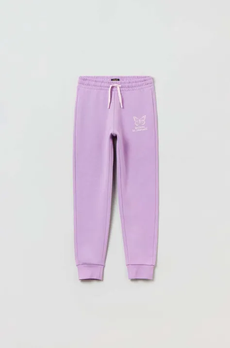 OVS spodnie dresowe bawełniane dziecięce kolor fioletowy z nadrukiem