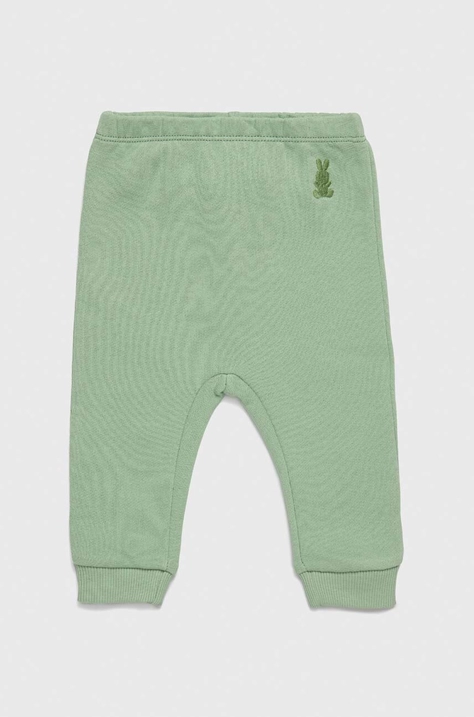 United Colors of Benetton pantaloni din bumbac pentru bebeluși culoarea verde, neted