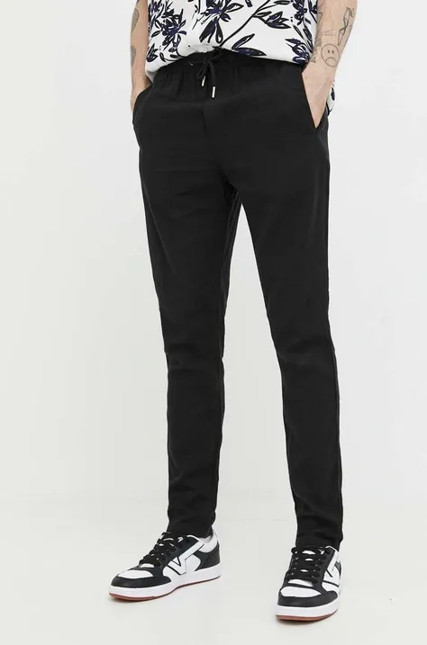 Λινό παντελόνι Solid χρώμα: μαύρο