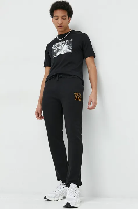 HUGO spodnie dresowe bawełniane męskie kolor czarny gładkie