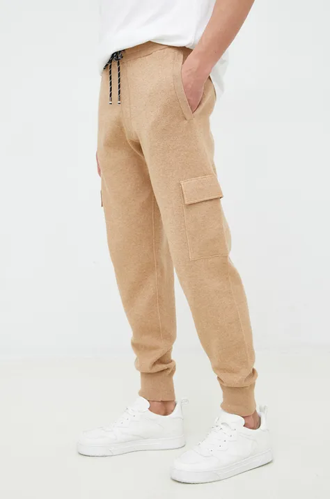 BOSS spodnie dresowe z domieszką wełny męskie kolor beżowy melanżowe