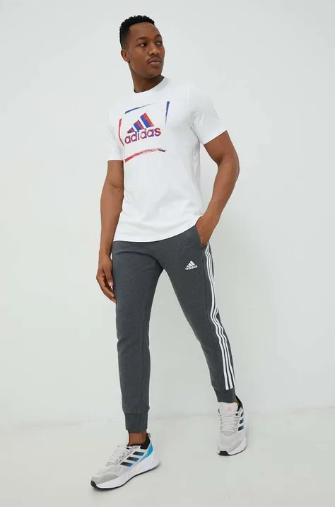 Хлопковые спортивные штаны adidas мужские цвет серый с аппликацией