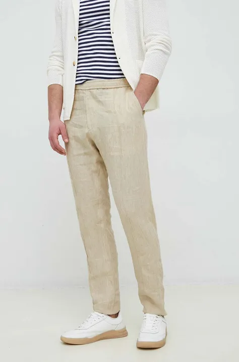 Emporio Armani spodnie lniane kolor beżowy proste