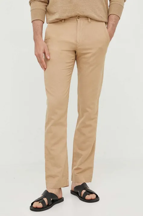 Polo Ralph Lauren spodnie lniane męskie kolor beżowy proste