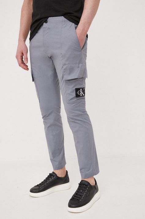 Kalhoty Calvin Klein Jeans pánské, šedá barva, jednoduché