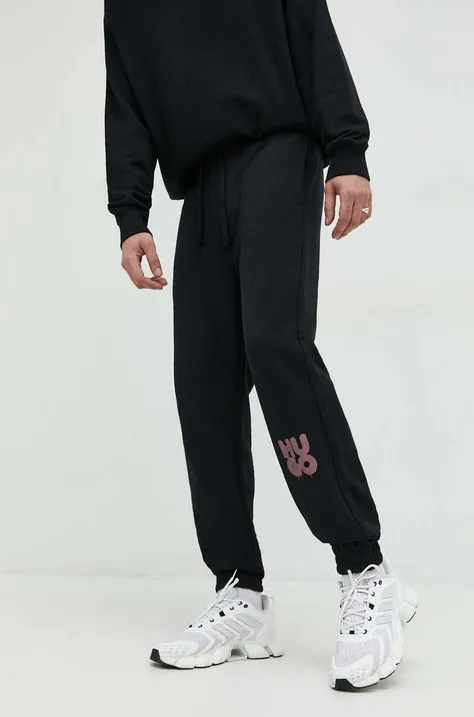 HUGO spodnie dresowe bawełniane kolor czarny z nadrukiem