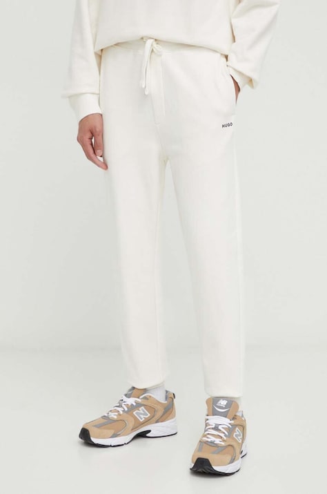 HUGO pantaloni de trening din bumbac culoarea bej, neted, 50489617