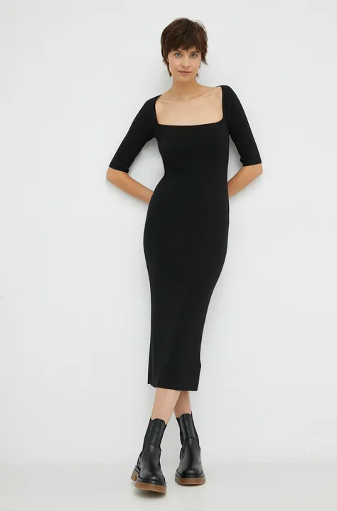 Calvin Klein sukienka z domieszką wełny kolor czarny midi dopasowana