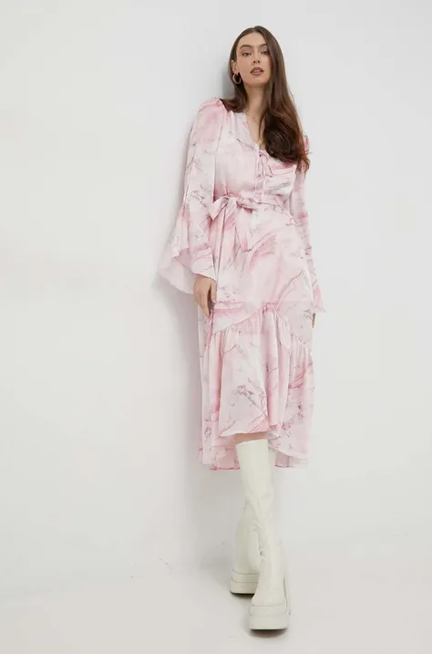 Haljina Guess boja: ružičasta, midi, širi se prema dolje