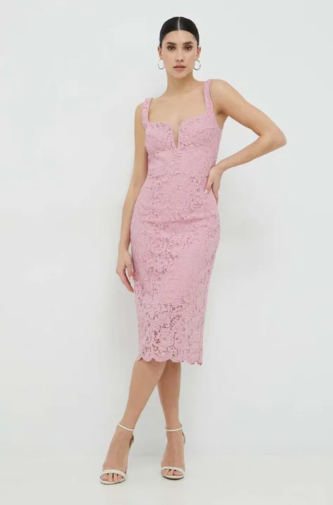 Šaty Bardot ružová farba, midi, priliehavá