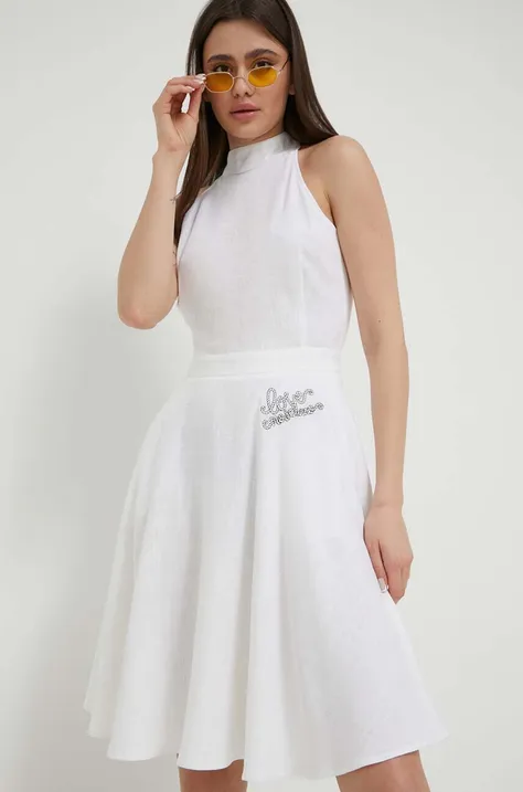 Obleka iz mešanice lana Love Moschino bela barva
