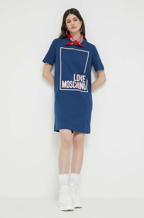 Bavlnené šaty Love Moschino tmavomodrá farba, mini, rovný strih
